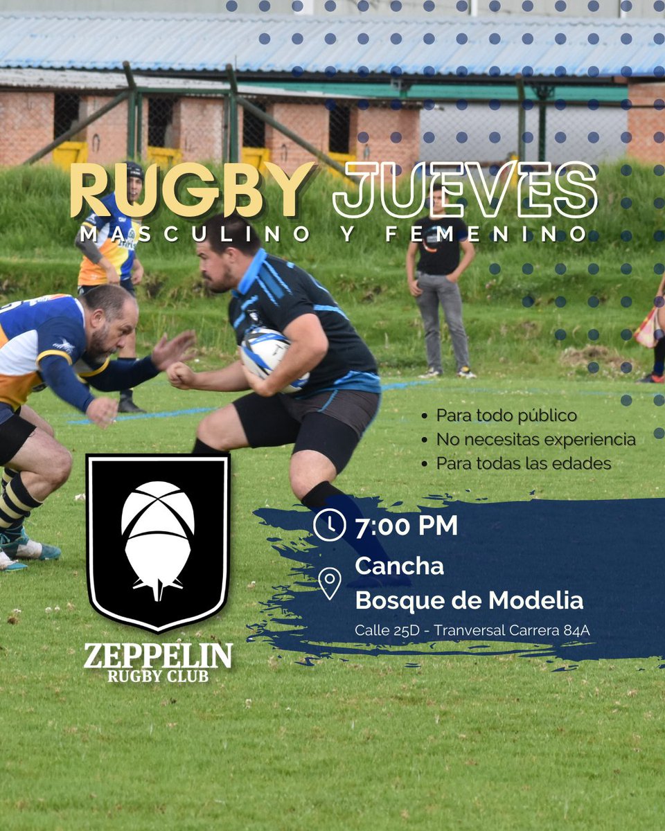 zeppelinrugby's tweet photo. Hoy es Rugby Jueves, entrenamos a las 7 de la noche en Bosque de Modelia.

Para todo público, femenino y masculino.

No necesitas de experiencia para comenzar a entrenar.

Escríbenos al 3213540683

#somosZEPP #rugbyRebelde #RugbyBogota https://t.co/ST5E0WCrIg