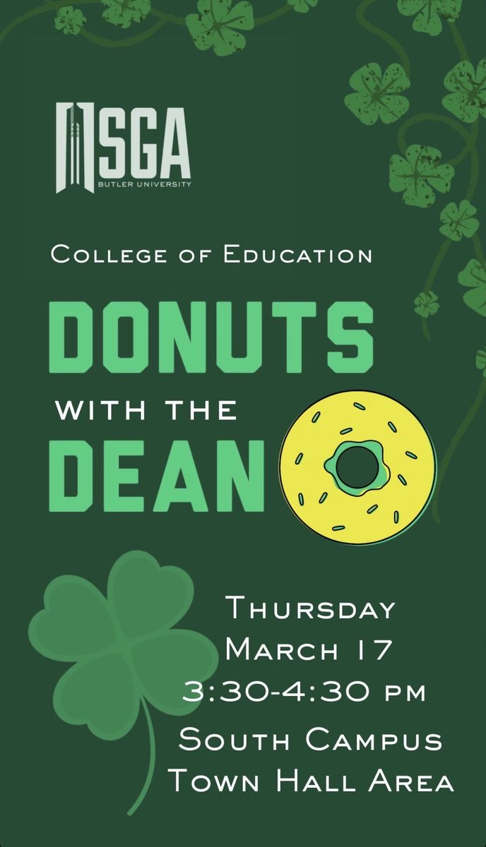ButlerCEHD's tweet photo. Our own SGA Senators are sponsoring Donuts with the Dean today…all COE students, faculty and staff are invited to stop by for informal conversation! https://t.co/LQLJrJBFaS
