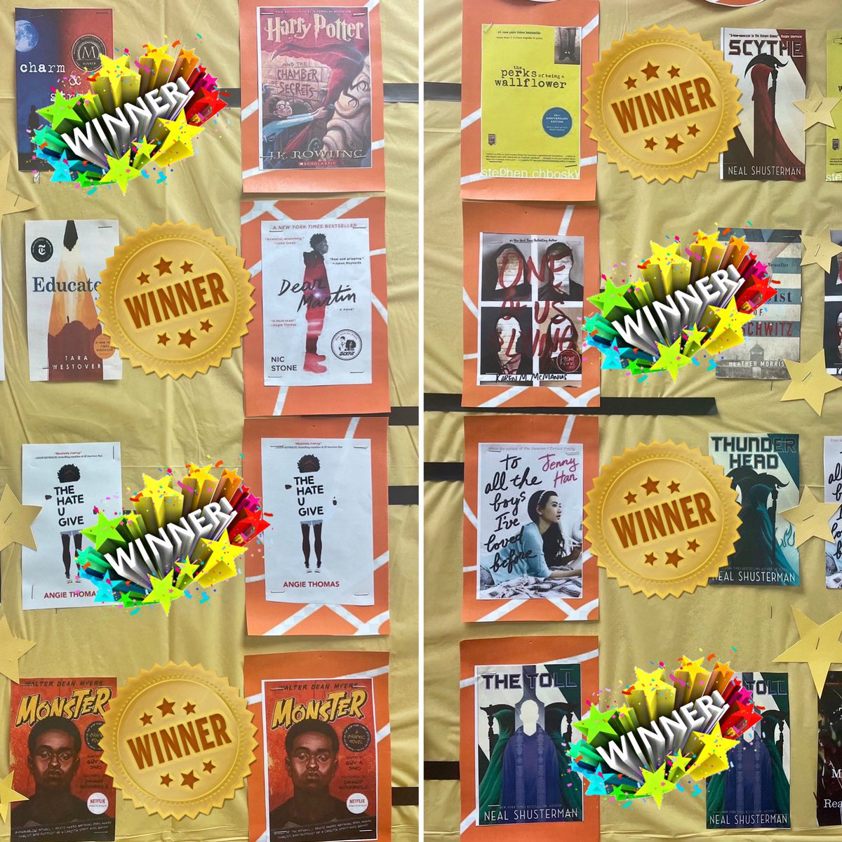 The WINNERS of the 1st round of the Tournament of Books matchups are: Harry Potter, Dear Martin, The Hate U Give, Monster, The Perks of Being a Wallflower, One of Us is Lying, To All the Boys I’ve Loved Before, and Toll! How did YOUR Bracket do? @DowdellCorinne @twppride https://t.co/gLJVTbCy3p