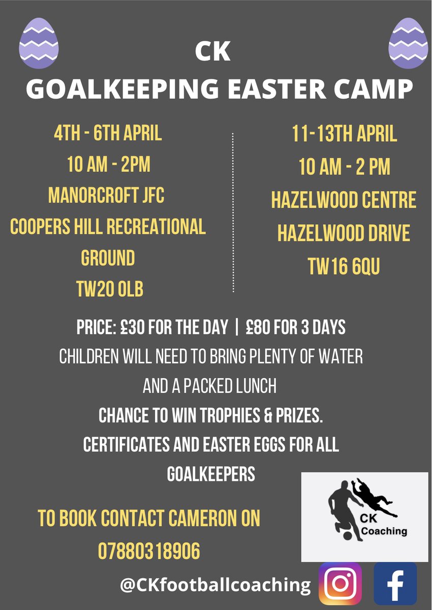 CameronK98's tweet photo. This Easter I am running a Goalkeeper holiday camp! Spaces limited so book early to avoid disappointment 🧤⚽️ https://t.co/6NKd7BJYQb