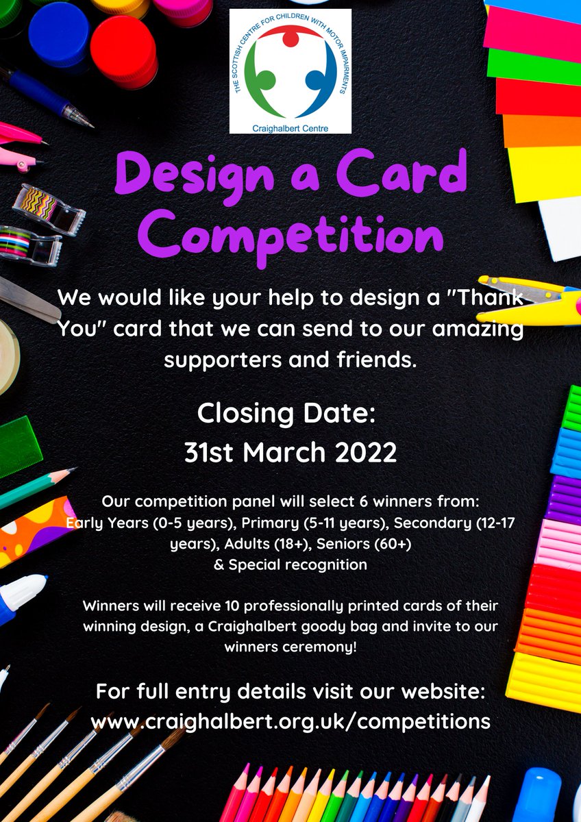 Craighalbert's tweet photo. We are looking for your help! Design a thank you card on A4 and send us a picture of your design, along with your name and age category to be in with a chance of winning our competition. DM us or email alicia@craighalbert.org.uk
#artcompetition #art #Creative #activitiesathome https://t.co/FQ8870WsFA