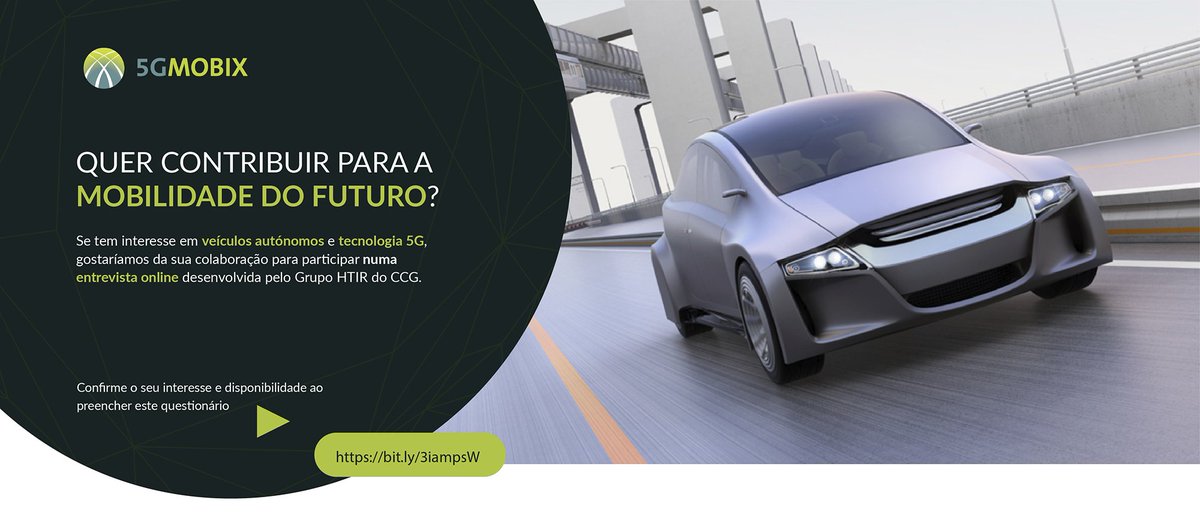 Participe no estudo! Indique-nos o seu interesse e disponibilidade neste formulário👉bit.ly/3iampsW. 
O projeto #5GMobix (5g-mobix.com) visa desenvolver e testar funcionalidades de veículos autónomos num contexto de tecnologia 5G. #CCG #5GMOBIX #5G #veículos