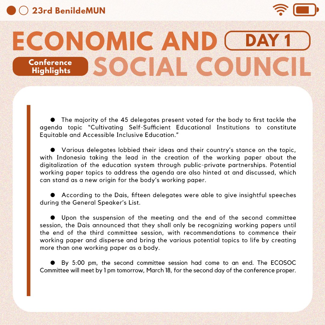 BenildeMUN's tweet photo. In the meantime, catch up with the happenings from other committees as they are #BreakingBarriersForPeace throughout the first day of the committee session.
Share your day 1 experience with us by commenting below and checking this thread.π
See you all again tomorrow! π€ https://t.co/IjoxghNgfV