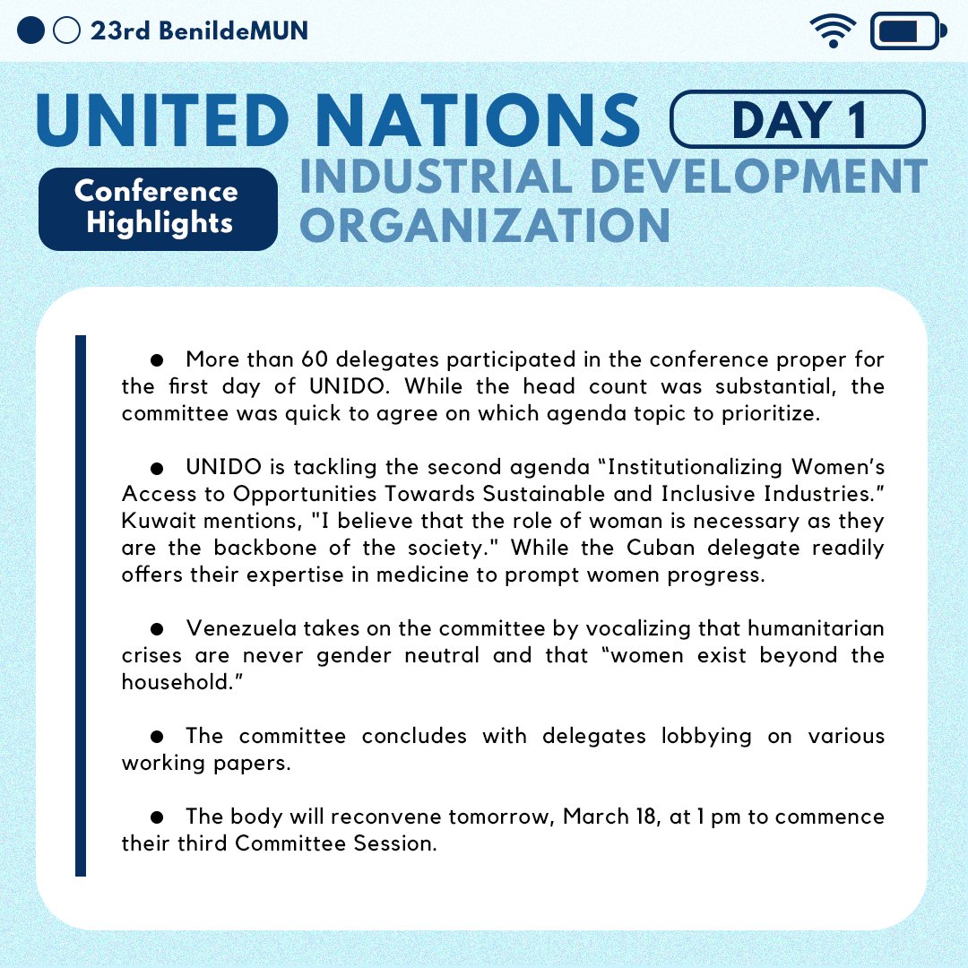 BenildeMUN's tweet photo. In the meantime, catch up with the happenings from other committees as they are #BreakingBarriersForPeace throughout the first day of the committee session.
Share your day 1 experience with us by commenting below and checking this thread.π
See you all again tomorrow! π€ https://t.co/IjoxghNgfV