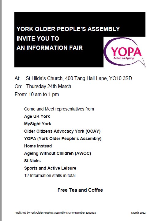 YOPA Information Fair next Thursday 24th March - FREE tea and coffee and much advice available from the people below.  #SupportingOlderPeople  #YOPA