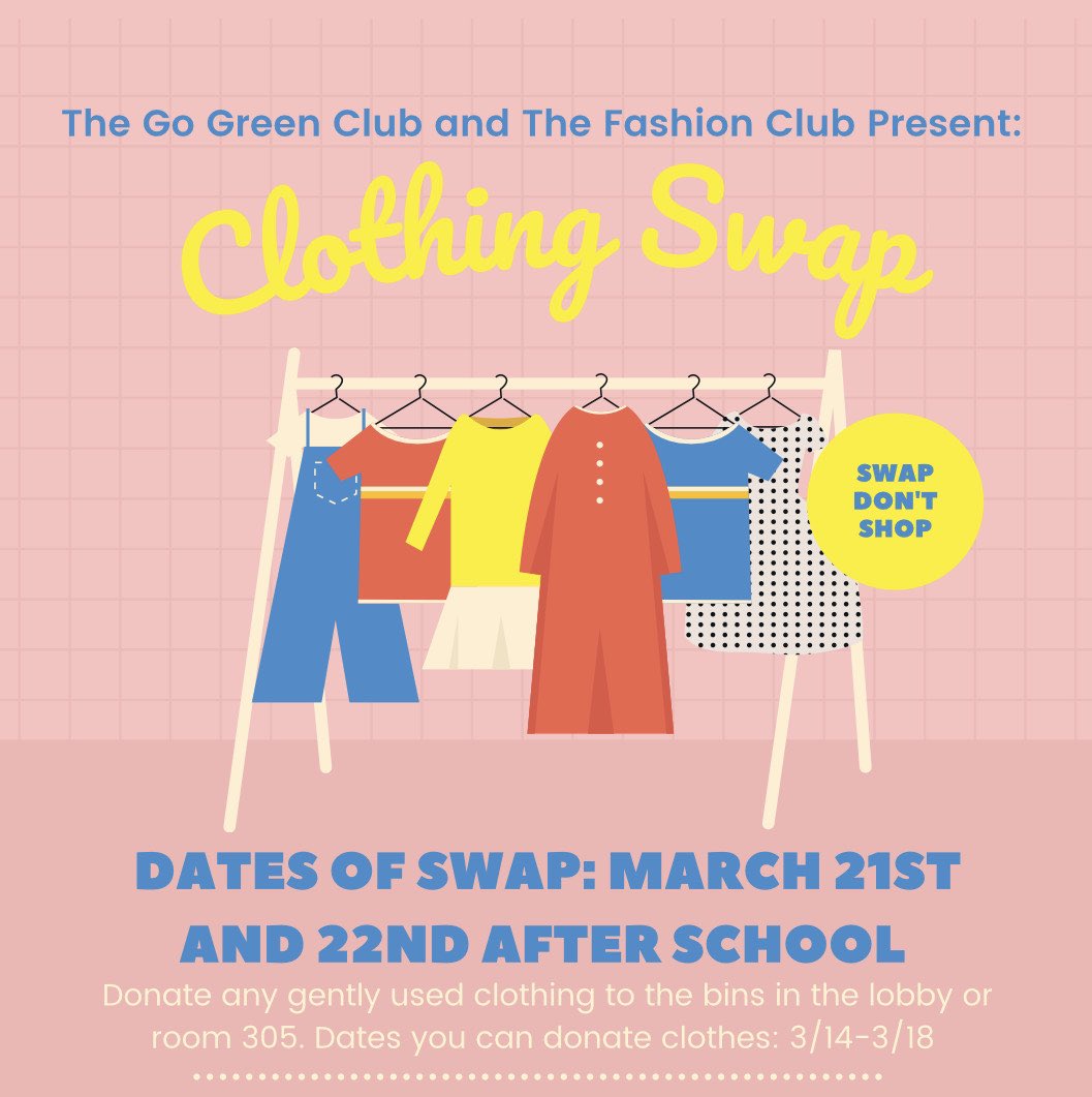 ShaClubs's tweet photo. The Go Green Club and The Fashion Club are hosting a Clothing Swap! Bring in gently used clothing by Friday March 18th. Bring the clothes to room 305 or the bins in the front lobby. The swap will be hosted after school on March 21st and 22nd! Please donate and attend!! https://t.co/600qjuiC0A