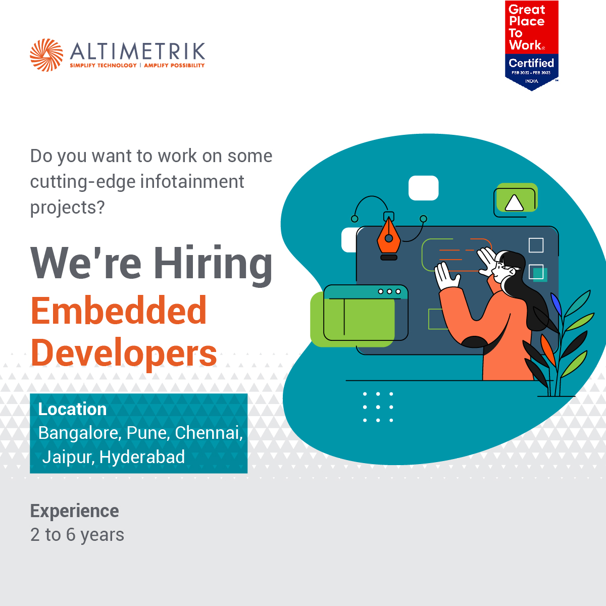 Altimetrik's tweet image. Our team is looking for driven and excited #EmbeddedDevelopers with experience in #GStreamer, #MediaPlayer and #MediaRecorder. If you want to develop some cool products for worlds largest brands then look no further.
Apply here: lnkd.in/dFHxZ3zU