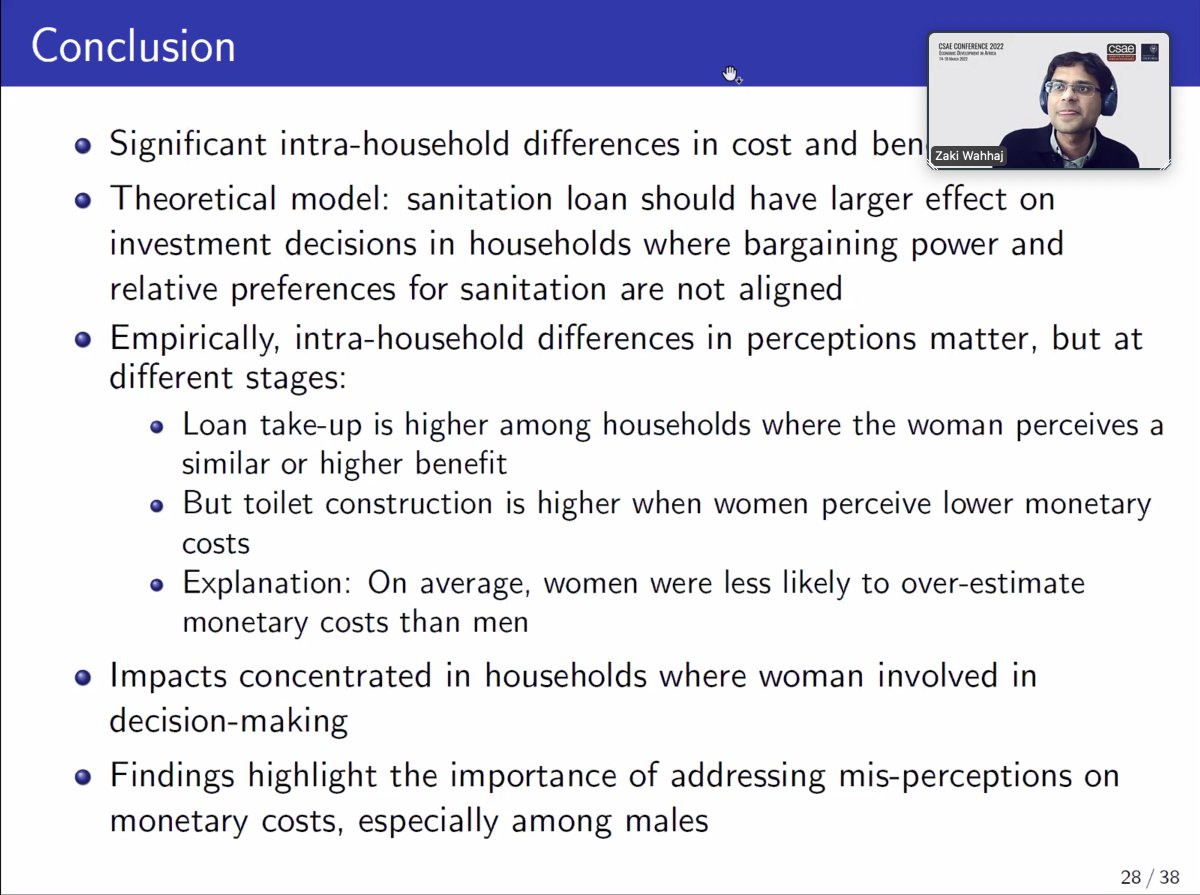 First up is <a href="/zaki_wahhaj/">Zaki Wahhaj</a> discussing investment decisions and the role of differences in intra-household perceptions and decision-making power using a sanitation microcredit intervention in India; these differences matter but at different stages
#OxCSAE2022 <a href="/Oxford_CSAE/">CSAE</a>
