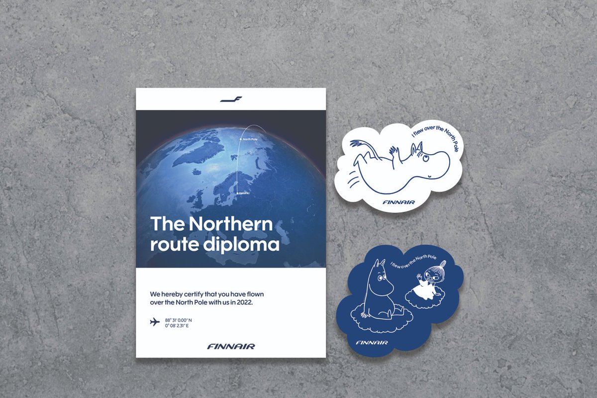 Finnair's tweet photo. Since Russia closed its airspace on 28 February, we have had to find alternative routes for our Asian flights. If your flight is operated over the North Pole, we will reward you with a Northern route diploma, which was also handed out back in the 1980s. https://t.co/wtve1YU4LI https://t.co/Mb9mC8Dtzn