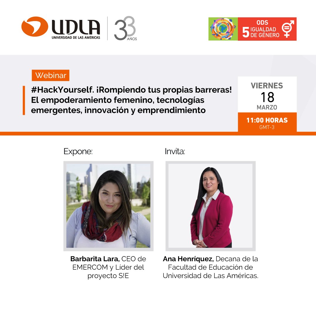 UDLA_CL's tweet photo. 🟣Participa en la charla “#HackYourself ¡Rompiendo tus propias barreras!”, de @FeduUDLA como parte del Ciclo #UDLA8M.
🔸La expositora @BarbaritaLaraM abordará el empoderamiento femenino, tecnologías emergentes, innovación y emprendimiento.
👉Inscríbete: https://t.co/a490lkVEhg https://t.co/UJl1rDsUO8