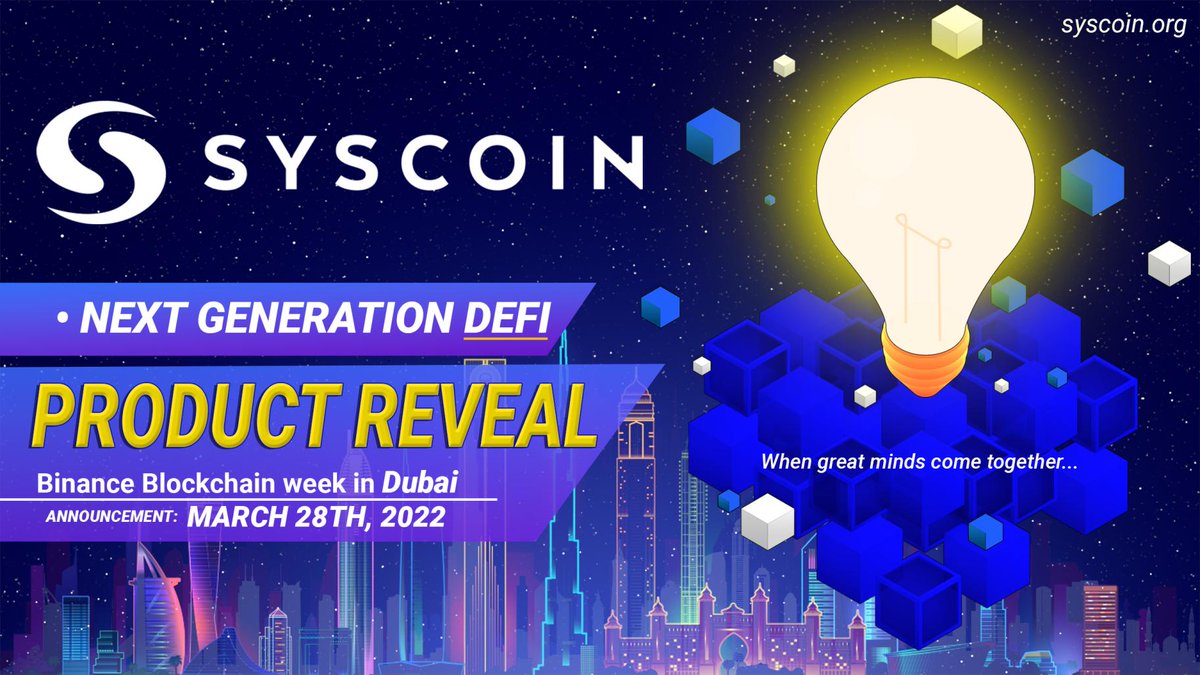 syscoin's tweet photo. Something is coming... 👀

@syscoin vs new #DeFi product = 🔥🔥🔥

We've partnered with some of the smartest devs in the industry to bring you the next groundbreaking product on $SYS. 

Join us in Dubai on the 28th of March or keep an eye on our socials for the reveal. https://t.co/jV14pCr8K5