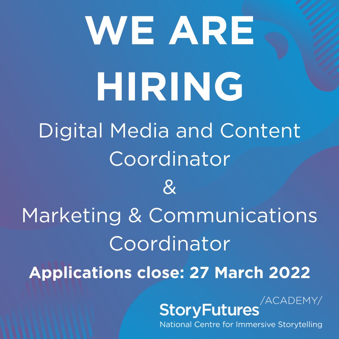 🚨#HIRING ALERT🚨

<a href="/StoryFutures/">StoryFutures</a>A and @StoryFutures are hiring TWO roles in Comms, Marketing and Digital Media. Both close on Sunday 27th March 2022 🤩

Read More &amp; Apply Now: bit.ly/2QxASF6