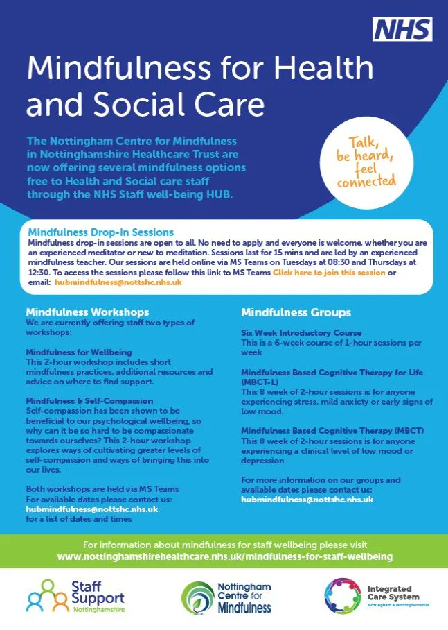 @TeamNUH can access a range of Mindfulness courses and workshops via <a href="/mindfulnottm/">Nottingham Centre for Mindfulness</a> on days and times outside our offer. For more info take a look at their website: nottinghamshirehealthcare.nhs.uk/ncm.
