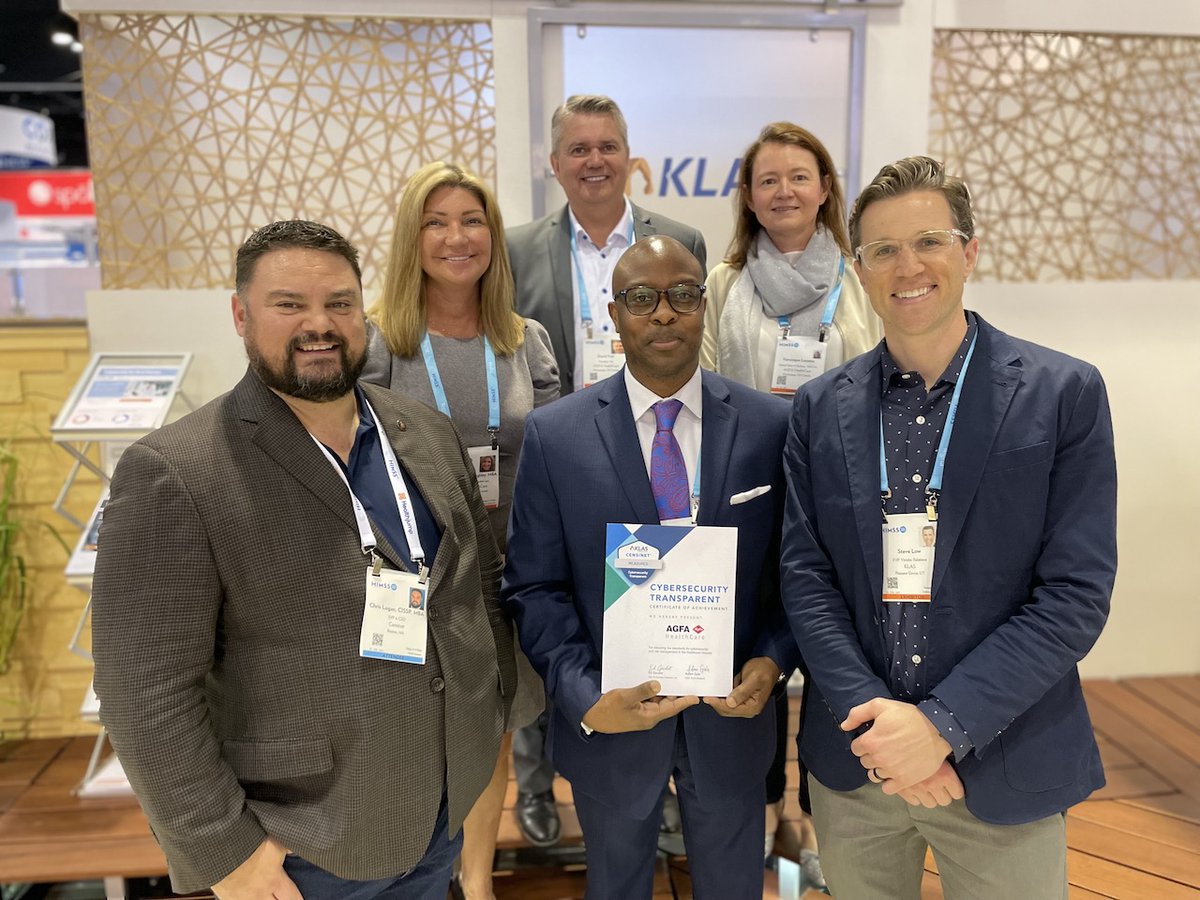 censinet's tweet image. Congratulations to @agfahealthcare_ for their #CybersecurityTransparent award this week at #HIMSS22. Shown are Steven Low of @KLASresearch , Jarius Jackson, Véronique Lessens, Nathalie McCaughley, and David Fast of Agfa Healthcare, and @logancm77 of @censinet.