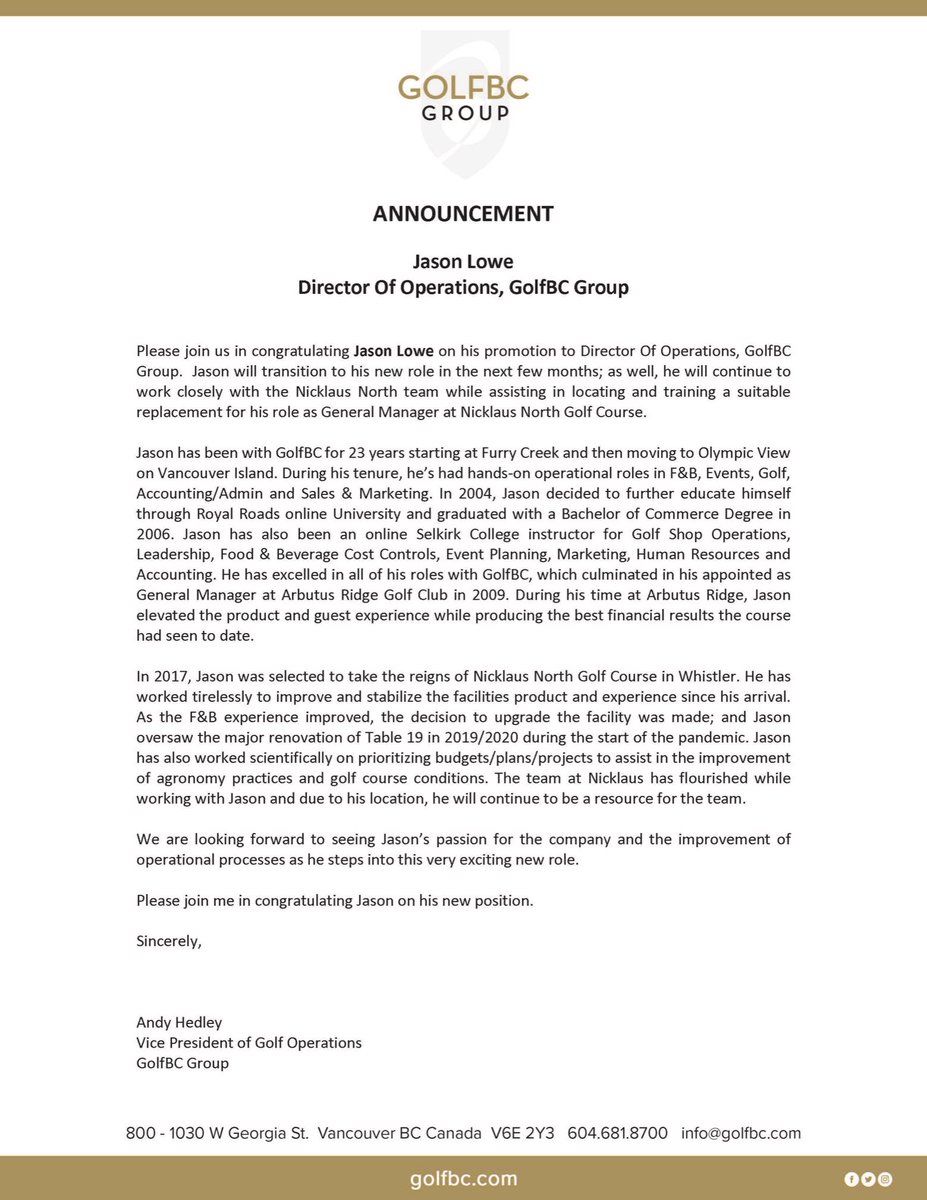 A large welcome (back) to the <a href="/NicklausNorthGC/">Nicklaus North Golf</a> family <a href="/GavinEckfordPGA/">Gavin Eckford</a> and thank you <a href="/golfbc/">GolfBC Group</a> for the opportunity.