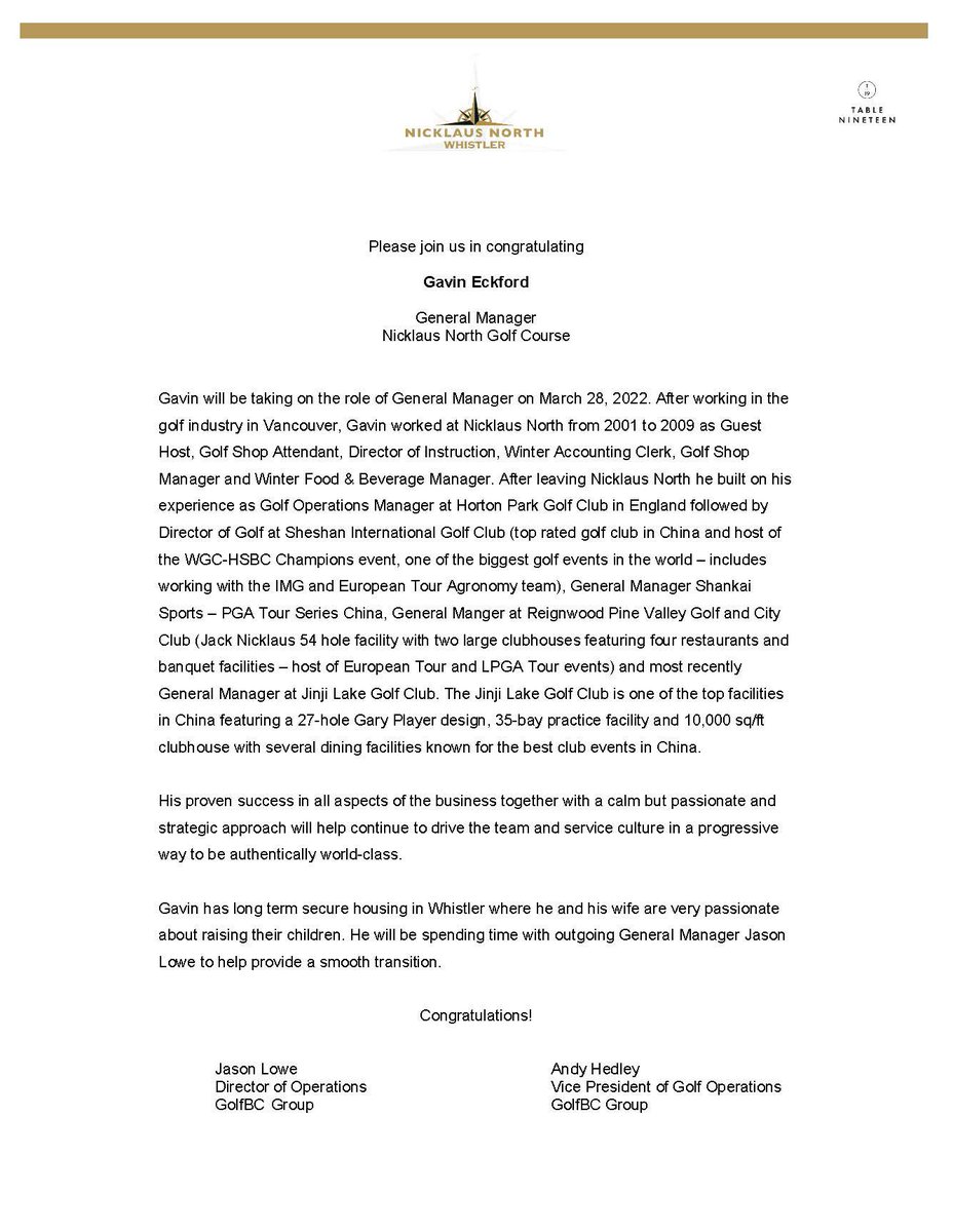 JasonRLowe's tweet photo. A large welcome (back) to the @NicklausNorthGC family @GavinEckfordPGA and thank you @golfbc for the opportunity. https://t.co/CK1LZVAZPj