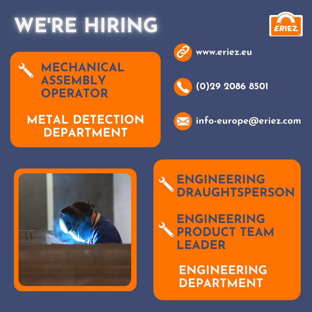 Eriez Europe are hiring! We're looking for skilled candidates to join our Metal Detection and Engineering departments ⚙️

To find out more about the roles available, head to: bit.ly/3ctF6VX