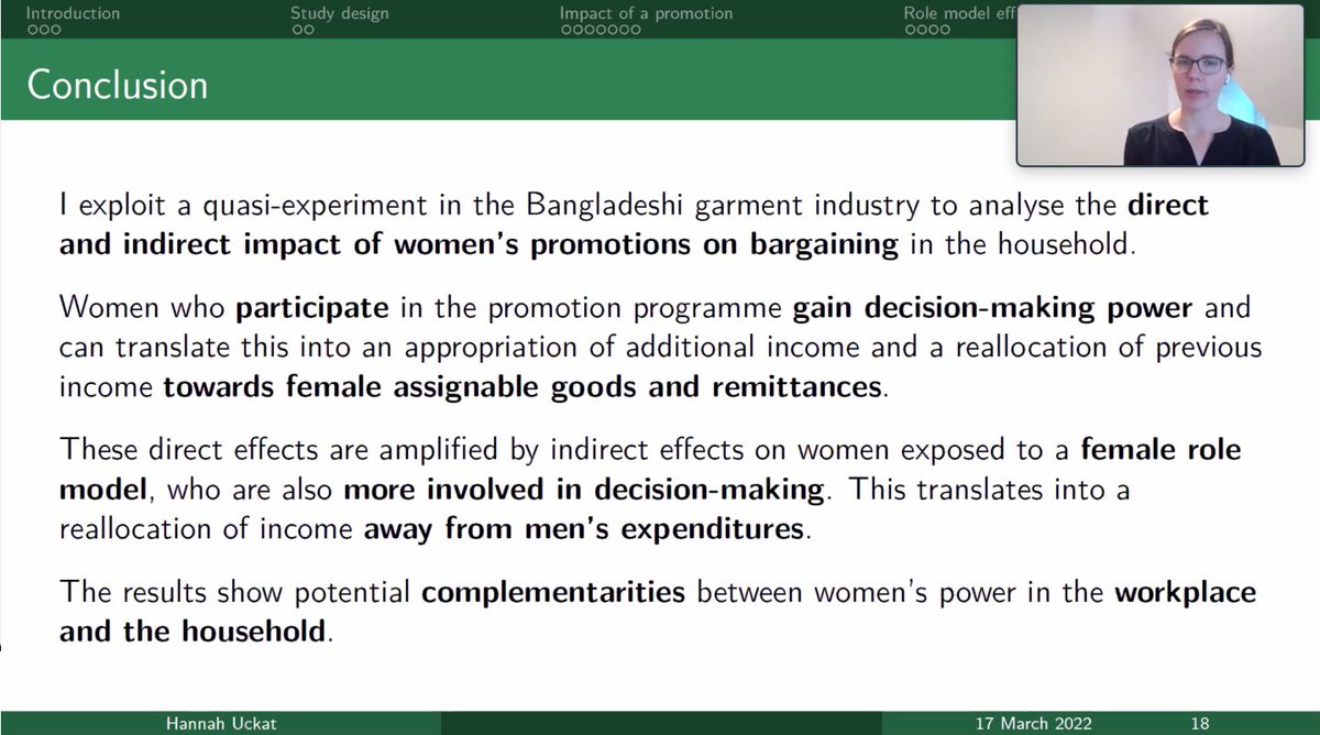 How do women's promotions in the workplace affect bargaining in the household? Hannah Uckat shows that women's bargaining power increases and the results indicate that there are complementarities between women's power in the workplace and the household
#OxCSAE2022 <a href="/Oxford_CSAE/">CSAE</a>
