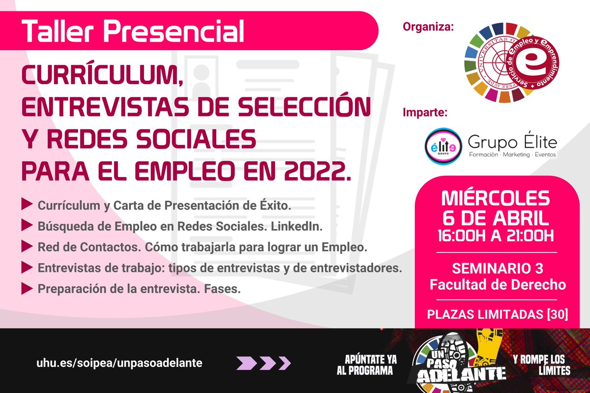 empleo_uhu's tweet photo. Nuevo Taller de Formación presencial: CURRICULUM, ENTREVISTAS DE SELECCIÓN y REDES SOCIALES PARA EL EMPLEO. 16:00-21:00h
En Seminario 3. Facultad de Derecho
Imparte: Grupo Élite
Inscripciones y más información: https://t.co/TIWGn91vbG
#empleo #unpasoadelante #universidaddehuelva https://t.co/88Wj8WbrZX