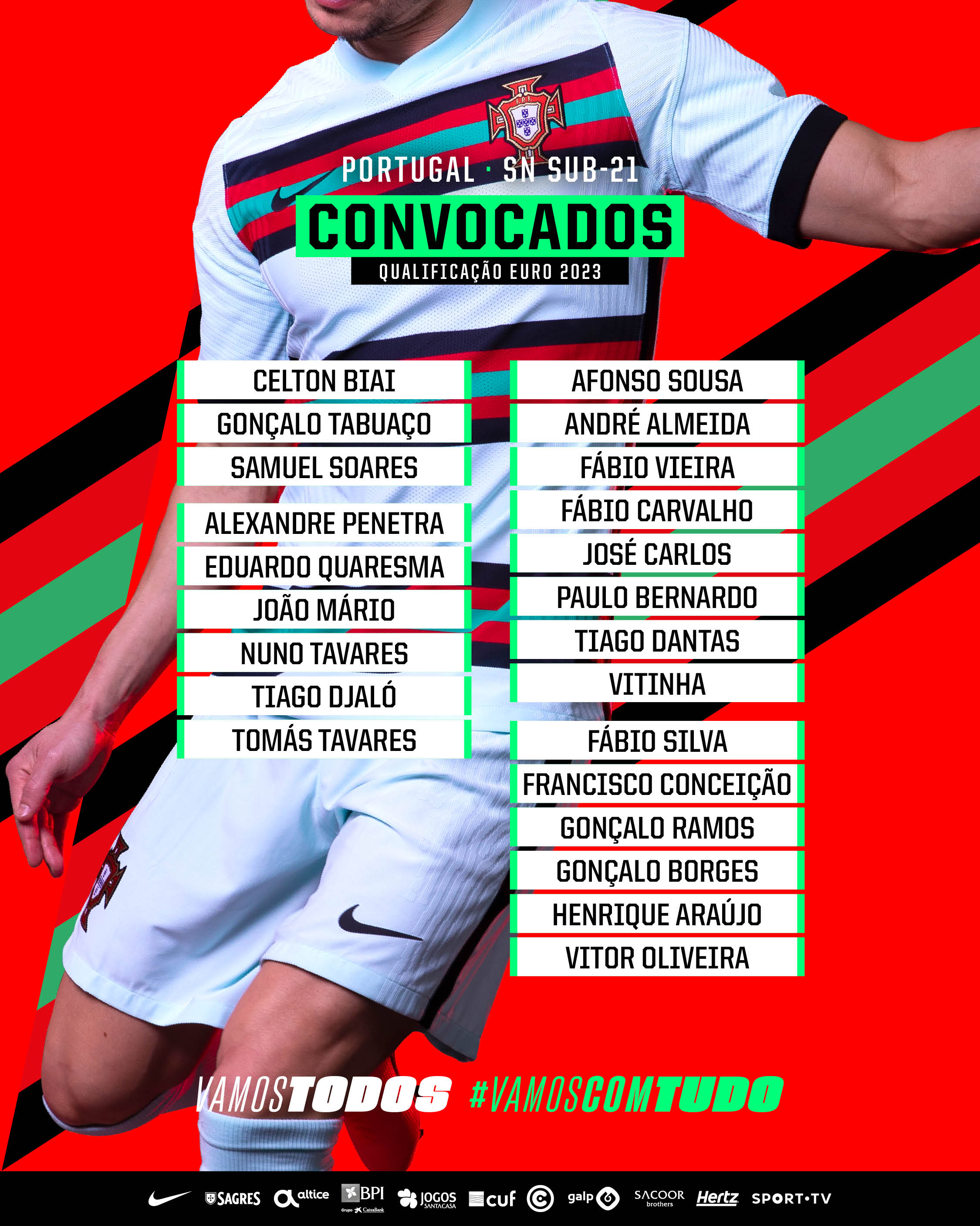 Portugal on X: 👀 𝘈𝘱𝘰𝘯𝘵𝘢 𝘰𝘴 𝘯𝘰𝘮𝘦𝘴. Rumo ao Europeu Sub-21 de  2023! 🏆 #VamosComTudo #TeamPortugal #Sub21PT  / X