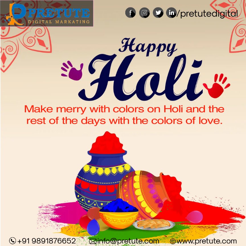 pretutedigital's tweet photo. This Holi makes a goal to play with the true colors of love and generosity with all, and throw a bucket of words on your loved ones by sharing with them Holi Shayari and Colorful Wishes on Holi.
#holi #holicelebration #colors #love #holihai #festival #PRETUTE https://t.co/axvh9sxQrH