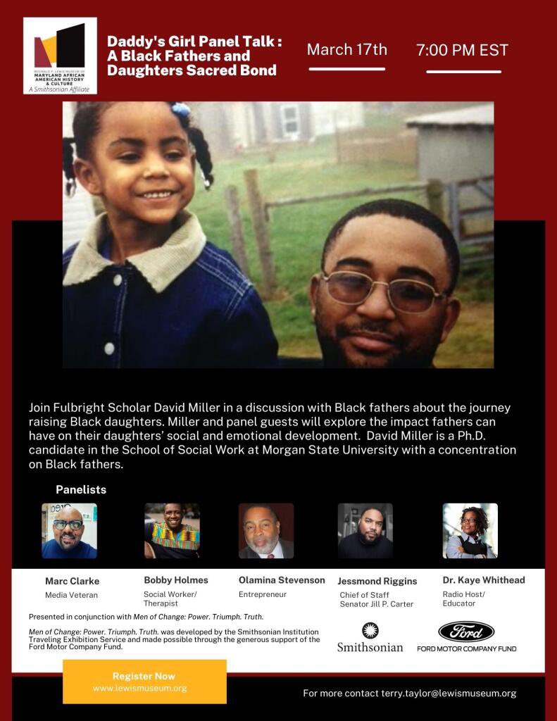 sonofadreamllc's tweet photo. Tonight Dr.Kaye Whitehead (@blackmommyactivist) will lead this discussion on Black fathers and daughters feat. myself, David Miller (@uchangenow), Marc Clarke (@themarcclarkeshow), Olamina Stevenson (@olamina_stevenson), Jesmond Riggins.Register @lewismuseum today. #sonofadream https://t.co/rMBS6iptkb