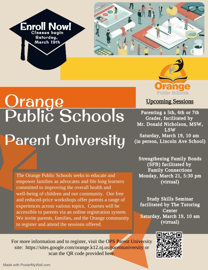 The Orange Public Schools is proud to bring you The Orange Public Schools Parent University.  The Parent University is a series of free and reduced-price workshops. For more information and to register, visit the Orange Public Schools Parent University: sites.google.com/orange.k12.nj.…