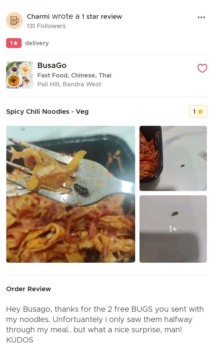 _ShuklaJi's tweet photo. And the winner for best customer service for the month goes to @BUSAGO. 

From Bugs to Bugging responses 🤣
@zomato

Have a look at this review of BusaGo, Pali Hill, Bandra West, Mumbai on @Zomato!
https://t.co/Y4jloAvfVj

#FAIL #Zomato #Review https://t.co/JQyYFsYupO https://t.co/owrXJ5He6Y