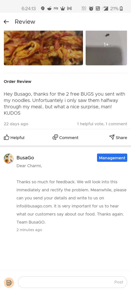 _ShuklaJi's tweet photo. And the winner for best customer service for the month goes to @BUSAGO. 

From Bugs to Bugging responses 🤣
@zomato

Have a look at this review of BusaGo, Pali Hill, Bandra West, Mumbai on @Zomato!
https://t.co/Y4jloAvfVj

#FAIL #Zomato #Review https://t.co/JQyYFsYupO https://t.co/owrXJ5He6Y