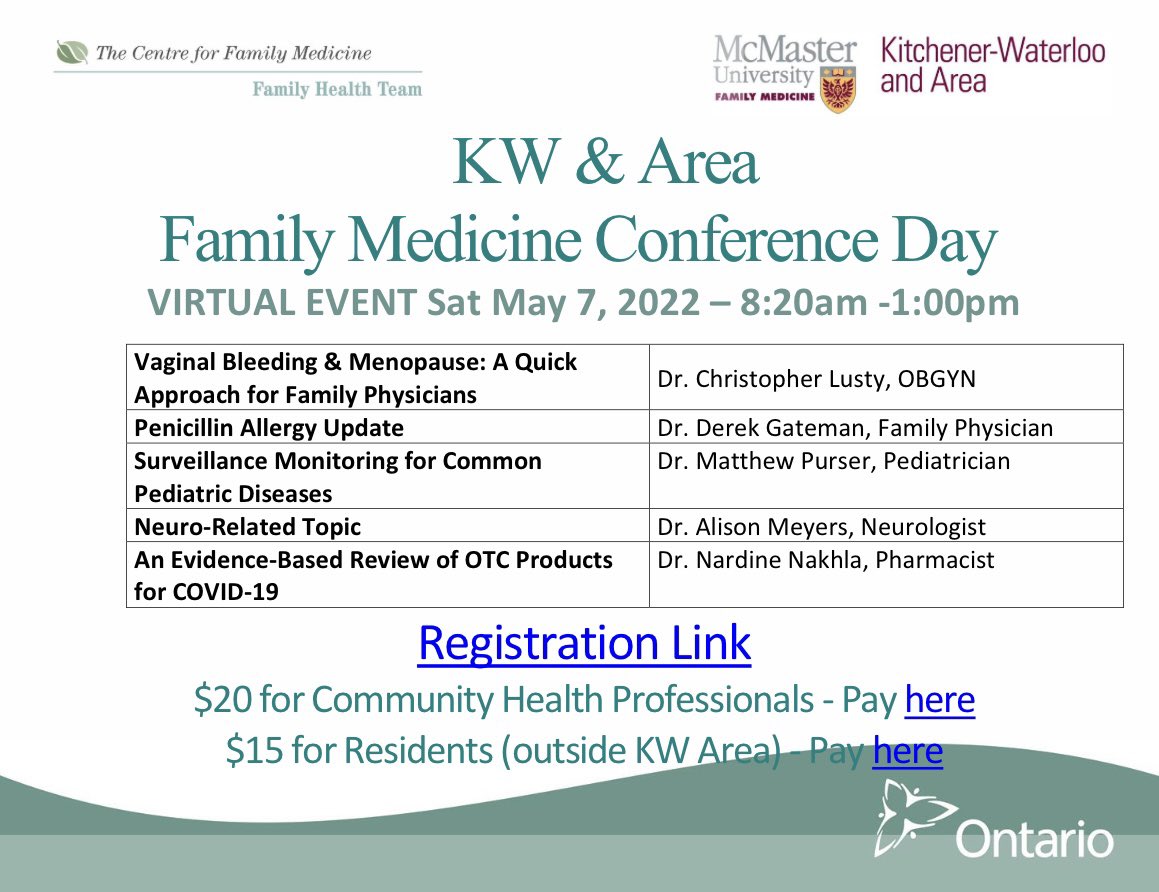 We are so excited for KW &amp; Area Family Medicine Conference Day !  This virtual event is on Sat May 7, 2022 from 8:20am - 1:00pm. See you there !