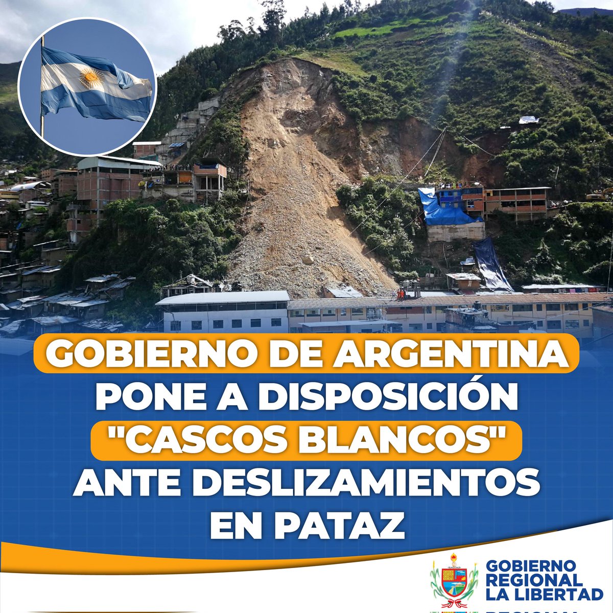 GRLaLibertad's tweet photo. #BuenaNoticia || Nuestro más profundo agradecimiento a la Cancilleria de #Argentina por su atento ofrecimiento de ayuda a través de la Comisión de #CascosBlancos para mitigar los daños ocasionados tras el deslizamiento de tierra ocurrido en la provincia de #Pataz. https://t.co/NoD8Z5UHhU