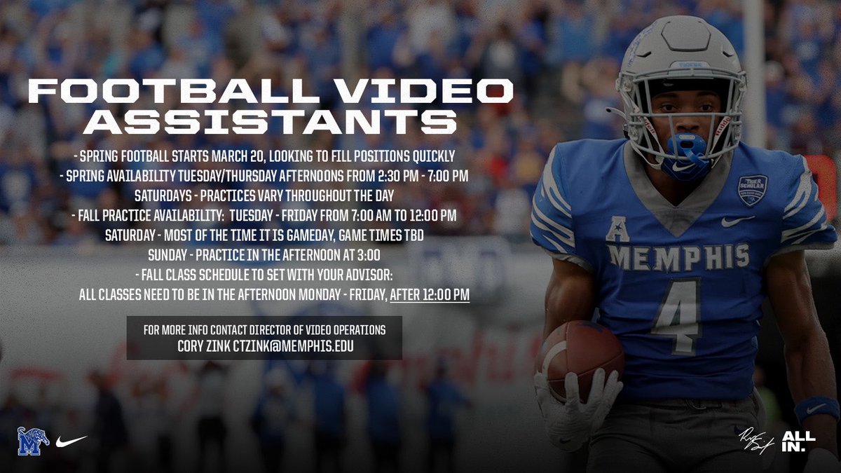 Interested in joining Memphis Football Video? Can’t wait to add a couple more dedicated Students before Spring Ball starts! 

#Ⓜ️🏉🎥
