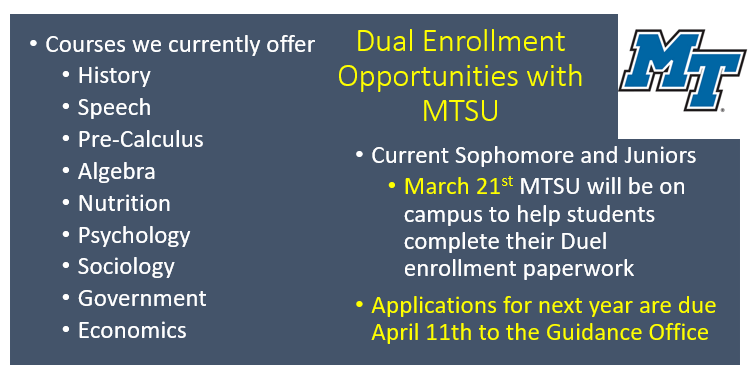 Current <a href="/RiverdaleHighTN/">Riverdale HS</a> Sophomores and Juniors: Upcoming Opportunities for Dual Enrollment with <a href="/MTSU/">Middle Tennessee State University</a> <a href="/4RHSCounselors/">Riverdale High School Counselors</a>
