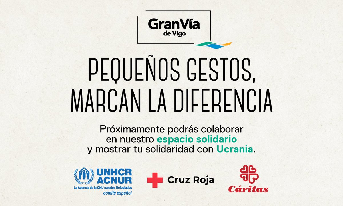 #Ucrania nos necesita. 

Durante las próximas semanas nuestro #espaciosolidario estará ocupado por @ACNURspain, @CruzRojaEsp y @_CARITAS, organizaciones humanitarias que están centrando sus esfuerzos en ayudar a las personas afectadas por el conflicto bélico en Ucrania.

#Vigo