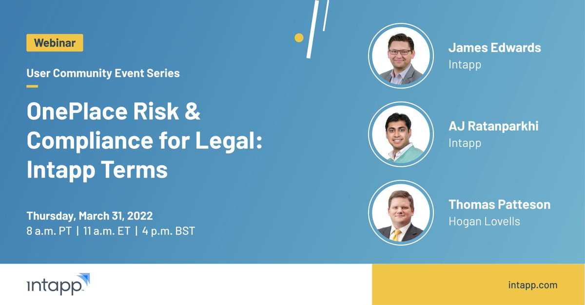 intapp's tweet image. Join us on March 31 for ‘#IntappOnePlace Risk &amp;amp; Compliance for Legal — #IntappTerms’ to learn how your #lawfirm can evaluate new business,  onboard clients, and monitor relationships. bit.ly/3vEXIwz #RiskAndCompliance #LegalTech