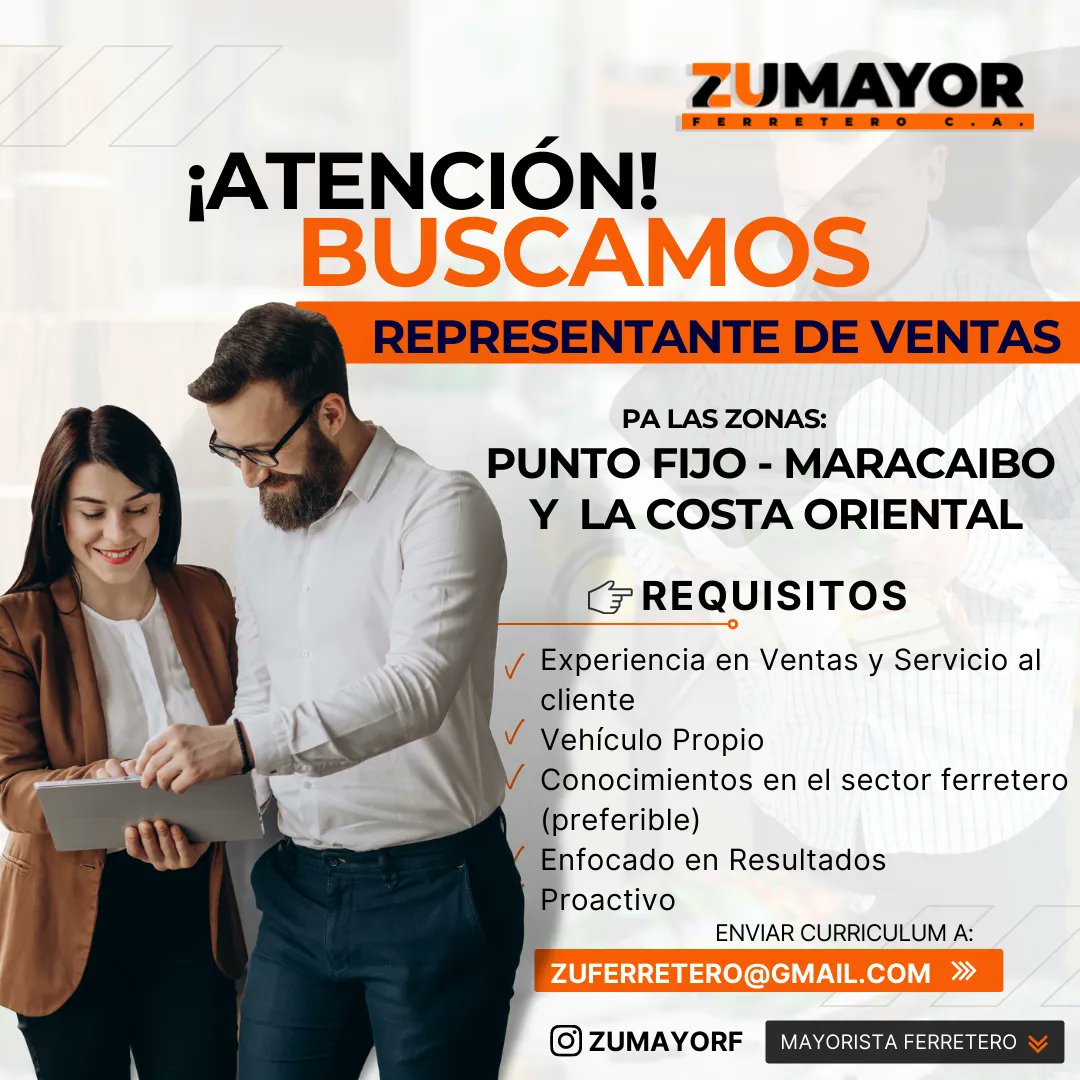 ZUmayorf's tweet photo. Seguimos generando oportunidades ¿Eres emprendedor?❓ ☝️Hazte líder de ventas con #ZUmayor BUSCAMOS 𝗥𝗘𝗣𝗥𝗘𝗦𝗔𝗡𝗧𝗘𝗦 𝗗𝗘 𝗩𝗘𝗡𝗧𝗔𝗦 para las zonas de:
✔️Maracaibo
✔️Punto Fijo
✔️La Costa Oriental del Lado.
📧 zuferretero@gmail.com⠀
#EjecutivosDeVentas https://t.co/tpFabv5LMJ