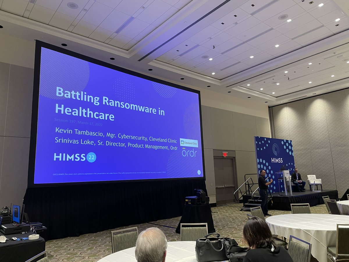 DanelleAu's tweet photo. Lots of great knowledge sharing here at the “Battling #Ransomware in Healthcare” session at #himss22. Kevin Tambascio from @ClevelandClinic presented on best practices with our @ordrofthings Sr. Director of PM Srinivas Loke. #healthcare #connecteddevices https://t.co/QockbPbyfF