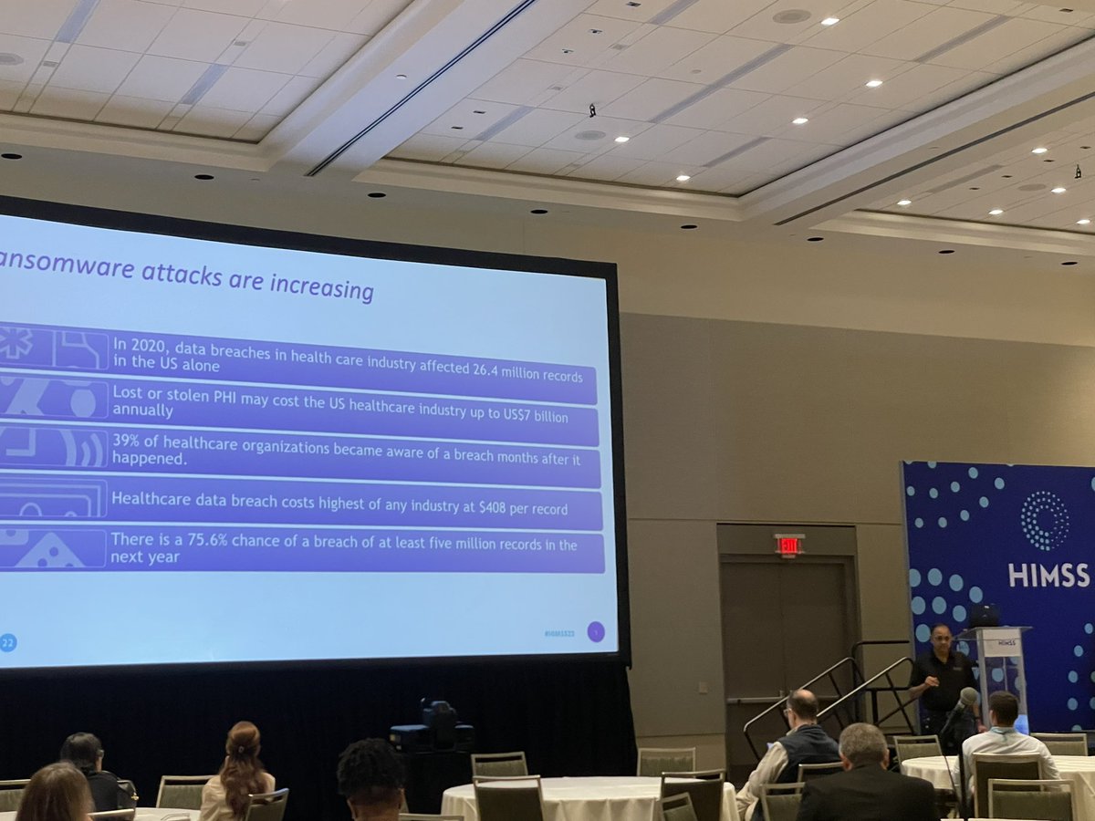 DanelleAu's tweet photo. Lots of great knowledge sharing here at the “Battling #Ransomware in Healthcare” session at #himss22. Kevin Tambascio from @ClevelandClinic presented on best practices with our @ordrofthings Sr. Director of PM Srinivas Loke. #healthcare #connecteddevices https://t.co/QockbPbyfF