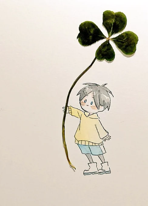 久しぶりに開いた本に四つ葉が挟んであったので太陽さまに持たせてみました 