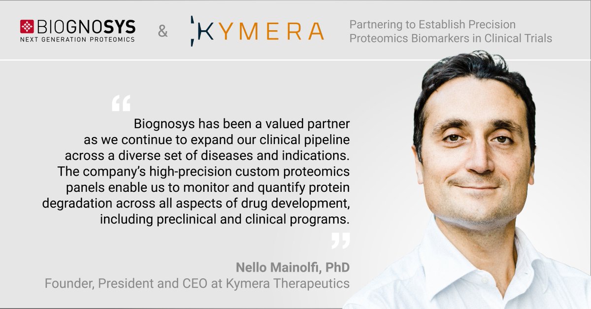 biognosys's tweet photo. Our #TrueSignature proteomics panels serve as pharmacodynamic readout for protein degradation in @KymeraTx’s discovery and clinical trial programs @NelloMainolfi comments on the partnership in our Press Release: https://t.co/hm2a59bPPc https://t.co/ERN1WfpwlL