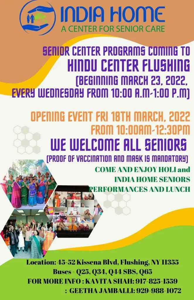 We are excited to announce that we are bringing our senior center programs to Hindu Center in Flushing, Queens! Join us in our Opening Event tomorrow at 10am as we celebrate this special day and Holi! #indiahomeusa #HappyHoli #seniorcenters