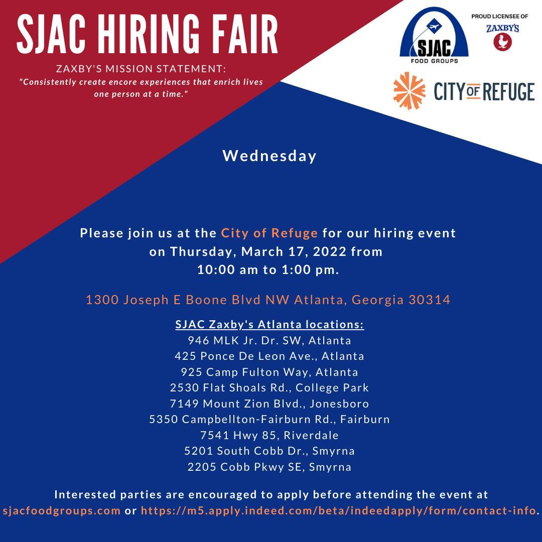 SJACFoodGroups's tweet photo. SJAC Hiring Fair Alert! Today we are hosting a hiring fair at @cityofrefugeatl - 1300 Joseph E Boone Blvd NW, Atlanta, GA 30314 from 10:00 AM – 1:00 PM. 

#SJACProud #hospitalityjobs #hospitalitymanagement #restaurantindustry #restaurantmanagement #foodservice https://t.co/2Uz5kPWd9c