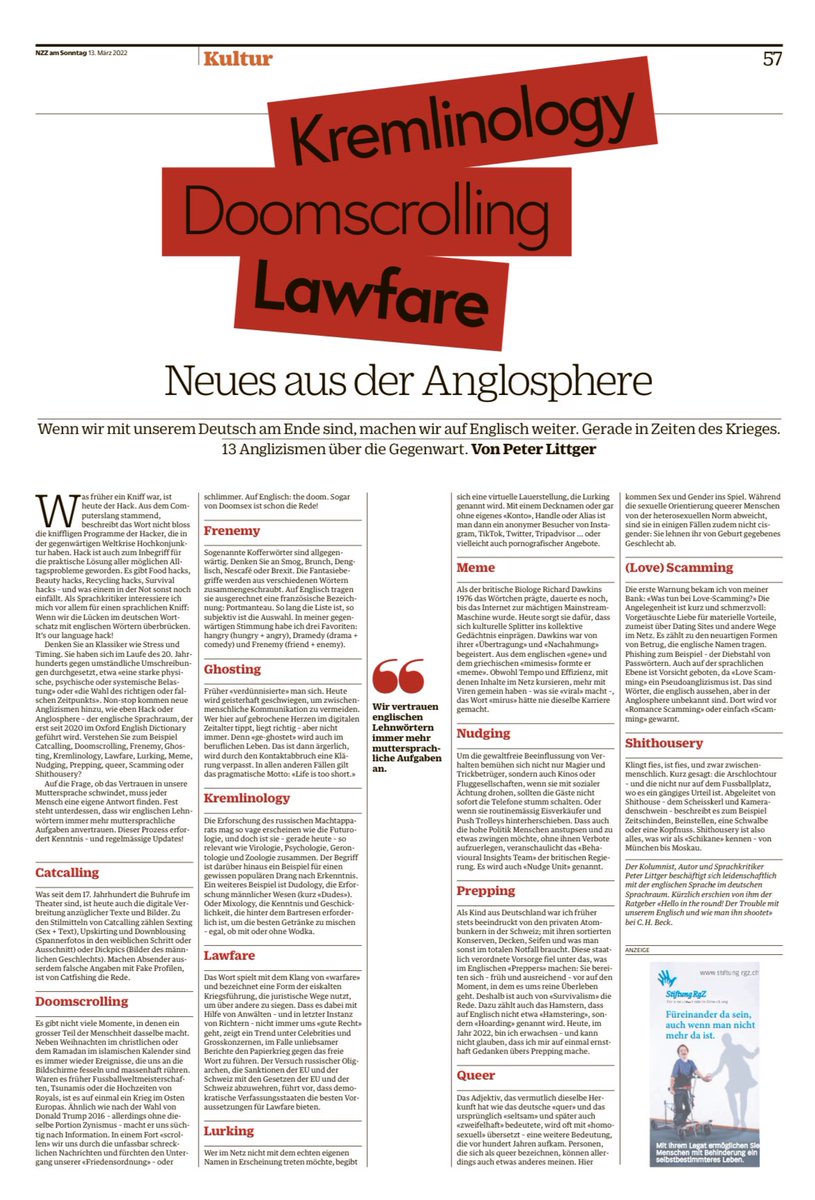 DerDEnglischePatient | Peter Littger (@fluentenglish) on Twitter photo #Anglizismen in der Krise
<a href="/NZZaS/">NZZ am Sonntag</a>
Doomscrolling, Lawfare, Prepping etc.
@NZZenglish <a href="/peerteuwsen/">Peer Teuwsen</a> #Anglizismen in der Krise
<a href="/NZZaS/">NZZ am Sonntag</a>
Doomscrolling, Lawfare, Prepping etc.
@NZZenglish <a href="/peerteuwsen/">Peer Teuwsen</a>