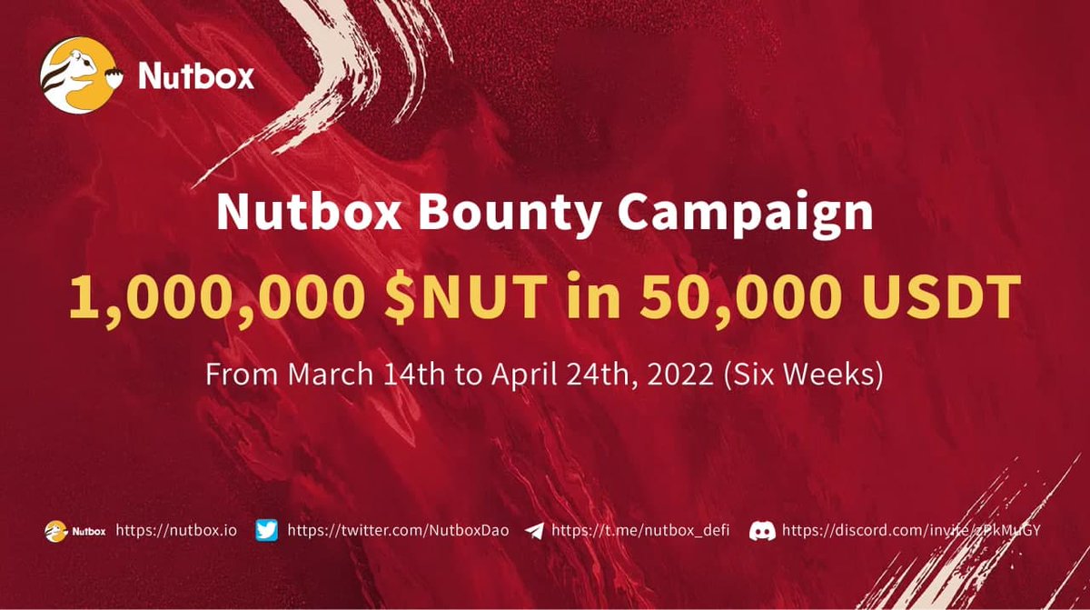 Nutbox( $NUT ) Bounty Campaign is ACTIVE now!!!
1,000,000 $NUT tokens will be allocated to this campaign. #Nutbox #Walnut #NUT
Find more information, click:
bitcointalk.org/index.php?topi…