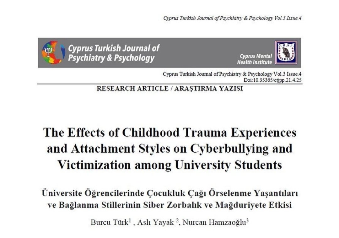 Fen-Edebiyat Fakültesi Psikoloji bölüm başkanı Dr.Öğr.Üyesi Burcu Türk hocamızın yazarları arasında yer aldığı "The Effects of Childhood Trauma Experiences and Attachment Styles on Cyberbullying and Victimization among University Students" isimli makalesi yayınlandı.