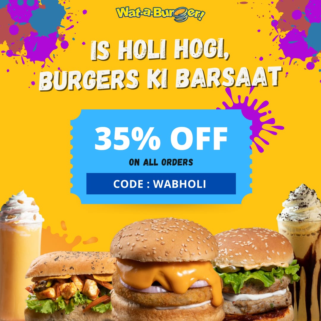 Celebrate the festival of colours with WAB 🍔🍟🧋

Use code: WABHOLI and get 35% off on all orders upto ₹ 100.

Order now on wataburger.dotpe.in 🤝

#Holi #Holi2022