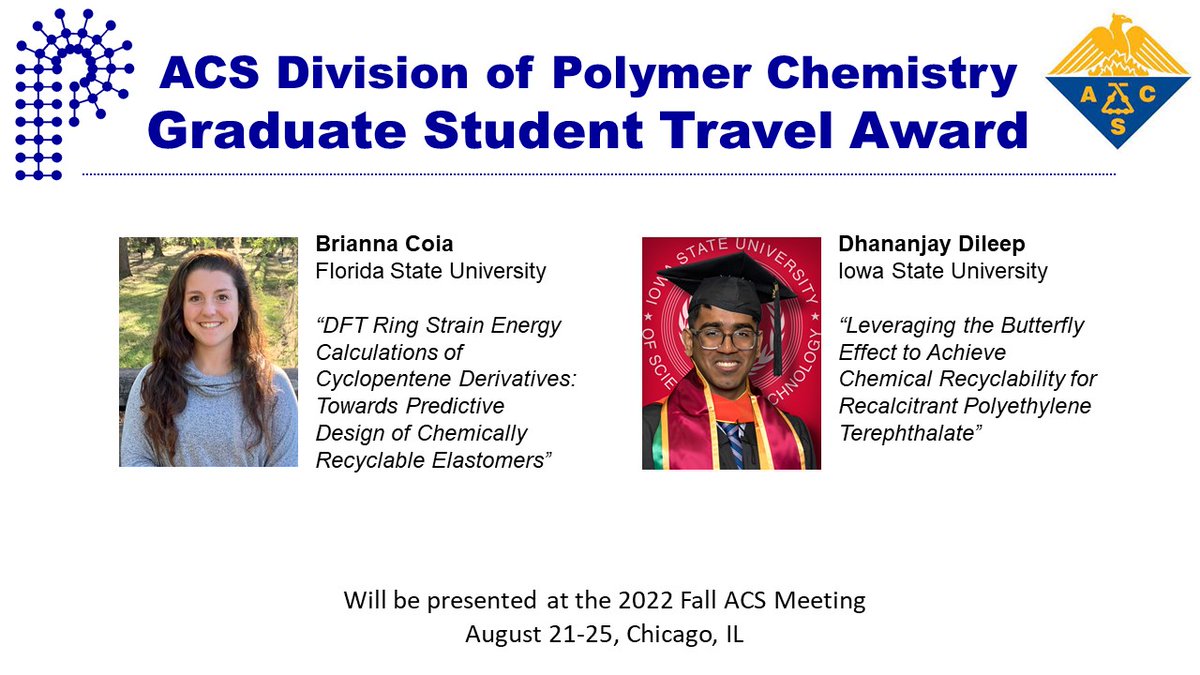 POLY_ACS's tweet photo. Congratulations 2022 Fall POLY Graduate Student Travel Awardees!
#ACSFall2022 #ACSPOLY #POLYaward https://t.co/UEmeOrqylu