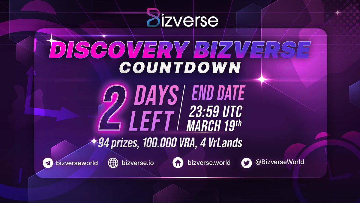 Only 2 days left to enter the Discovery Bizverse contest
🚀 Hurry up to join the contest with #BIZVERSE to be one of the first to have the opportunity to own free vrLands
⏰ End: 23:59 UTC on March 19th. 2022
📌 How to join: bom.so/cfgNm4