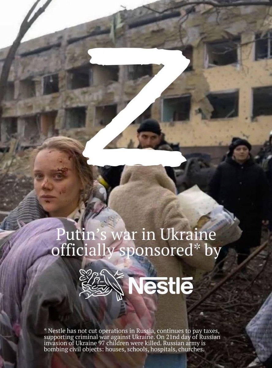 StratcomCentre's tweet photo. Nestlé continues paying taxes to the budget of a terrorist state, financing indiscriminate attacks on Ukrainian civilians. How many more children have to die before @nestle and other companies, still operating in Russia, finally cut ties with the aggressor? #StopRussia https://t.co/VtWsdBmWMd