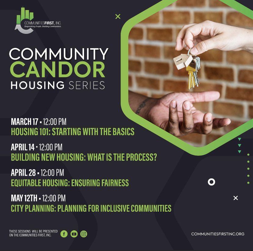 Communities_1st's tweet photo. Tune in today to the first event in our Community Candor Housing Series. 

Join us at 12:00 PM for Housing 101: Starting with the Basics. Watch on Facebook Live https://t.co/we3bknqznE or YouTube at https://t.co/LfnZDUKdfg https://t.co/4XigVmKH92